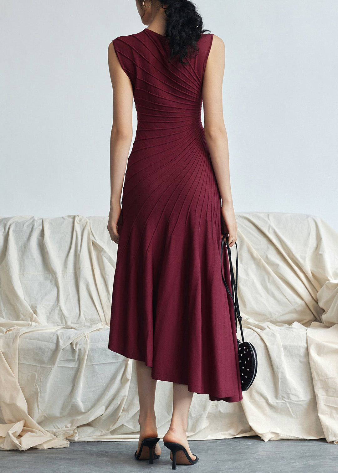 Elegant Red Asymmetrical Striped Cotton Long Dresses Sleeveless