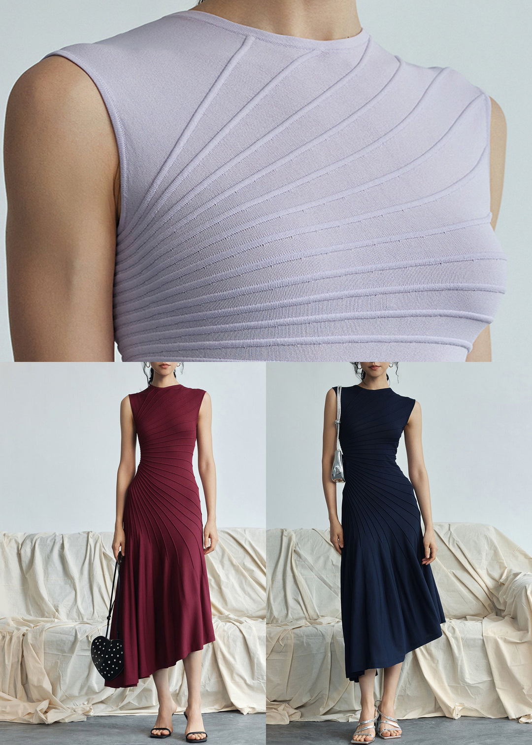 Elegant Red Asymmetrical Striped Cotton Long Dresses Sleeveless