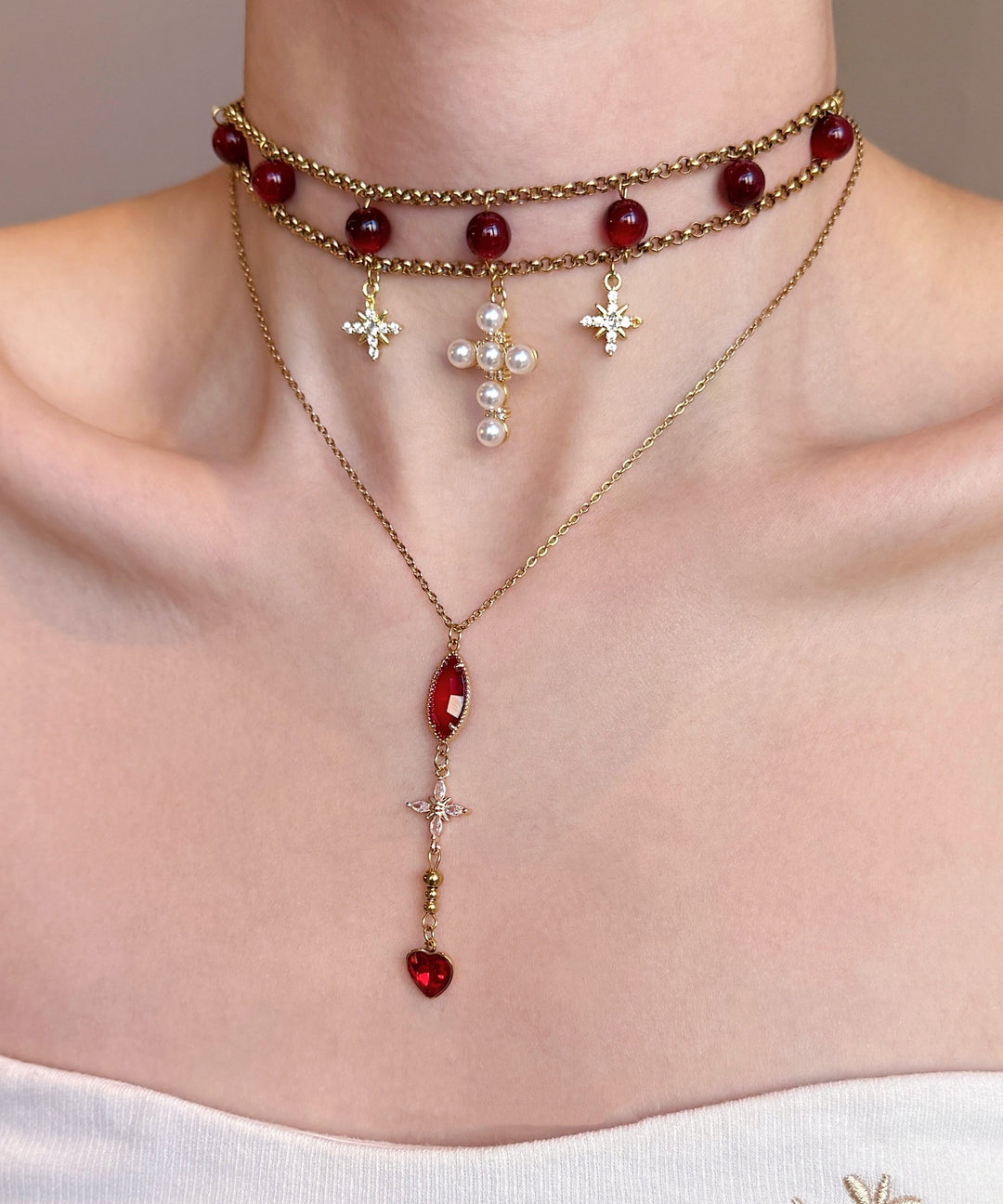 Elegant Red Cat's Eye Cross Layering Alloy Two Piece Set Pendant Necklace