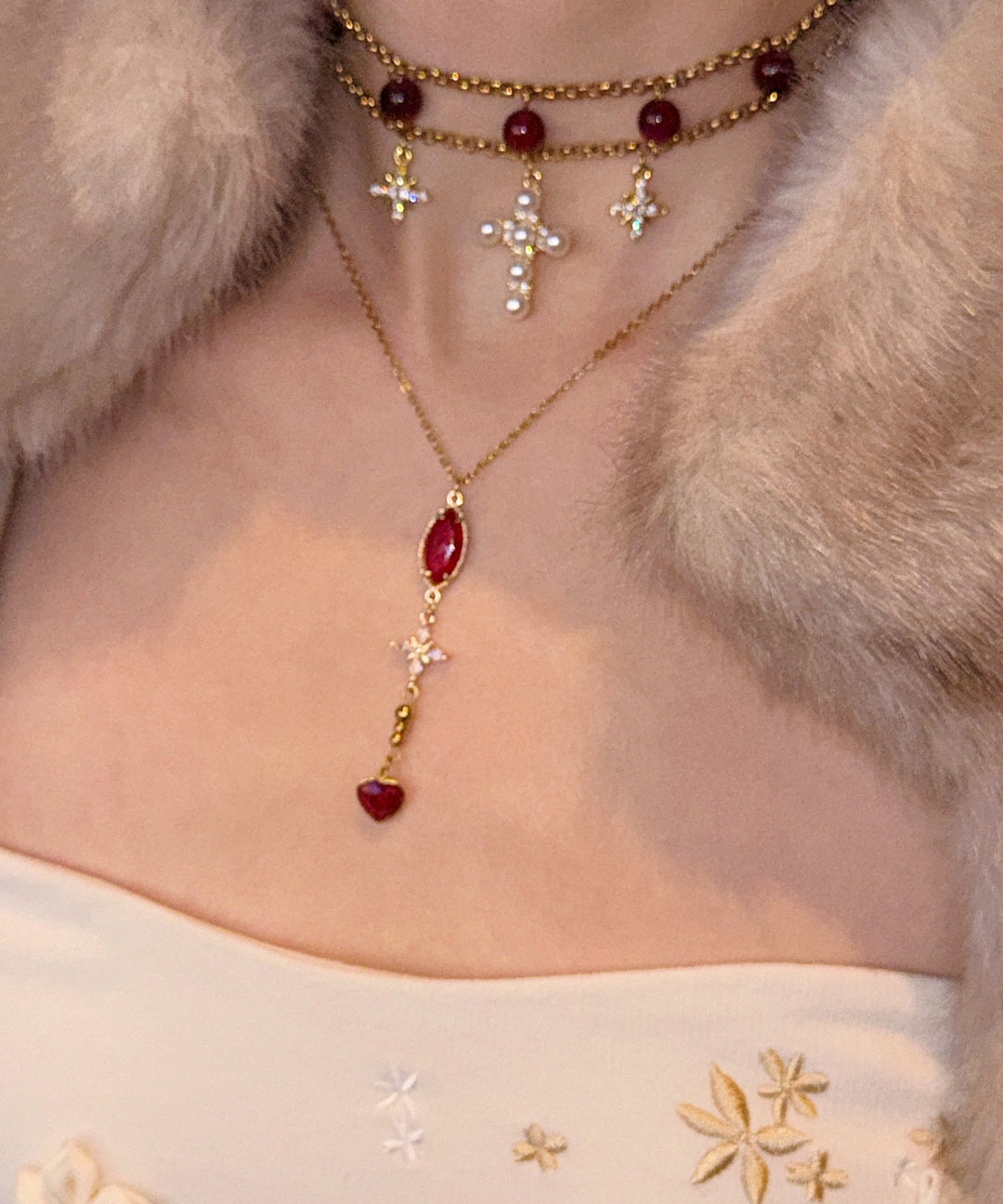 Elegant Red Cat's Eye Cross Layering Alloy Two Piece Set Pendant Necklace