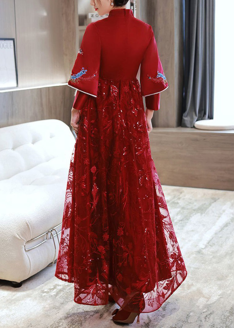 Elegant Red Embroidered Patchwork Lace Long Dress Spring