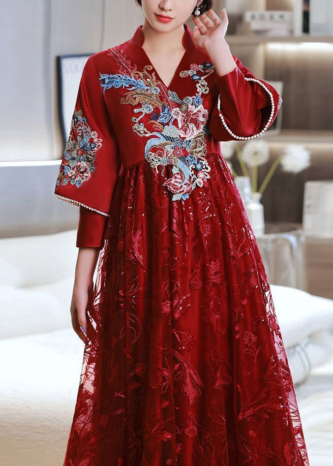 Elegant Red Embroidered Patchwork Lace Long Dress Spring
