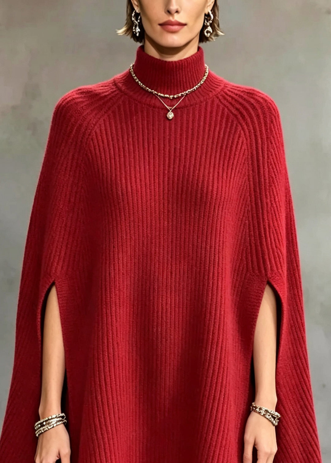 Elegant Red Half Hign Neck Thick Knit Sweater Cape Fall