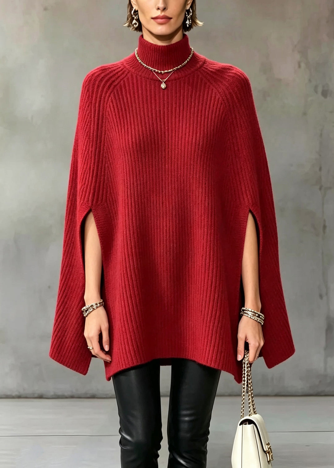 Elegant Red Half Hign Neck Thick Knit Sweater Cape Fall