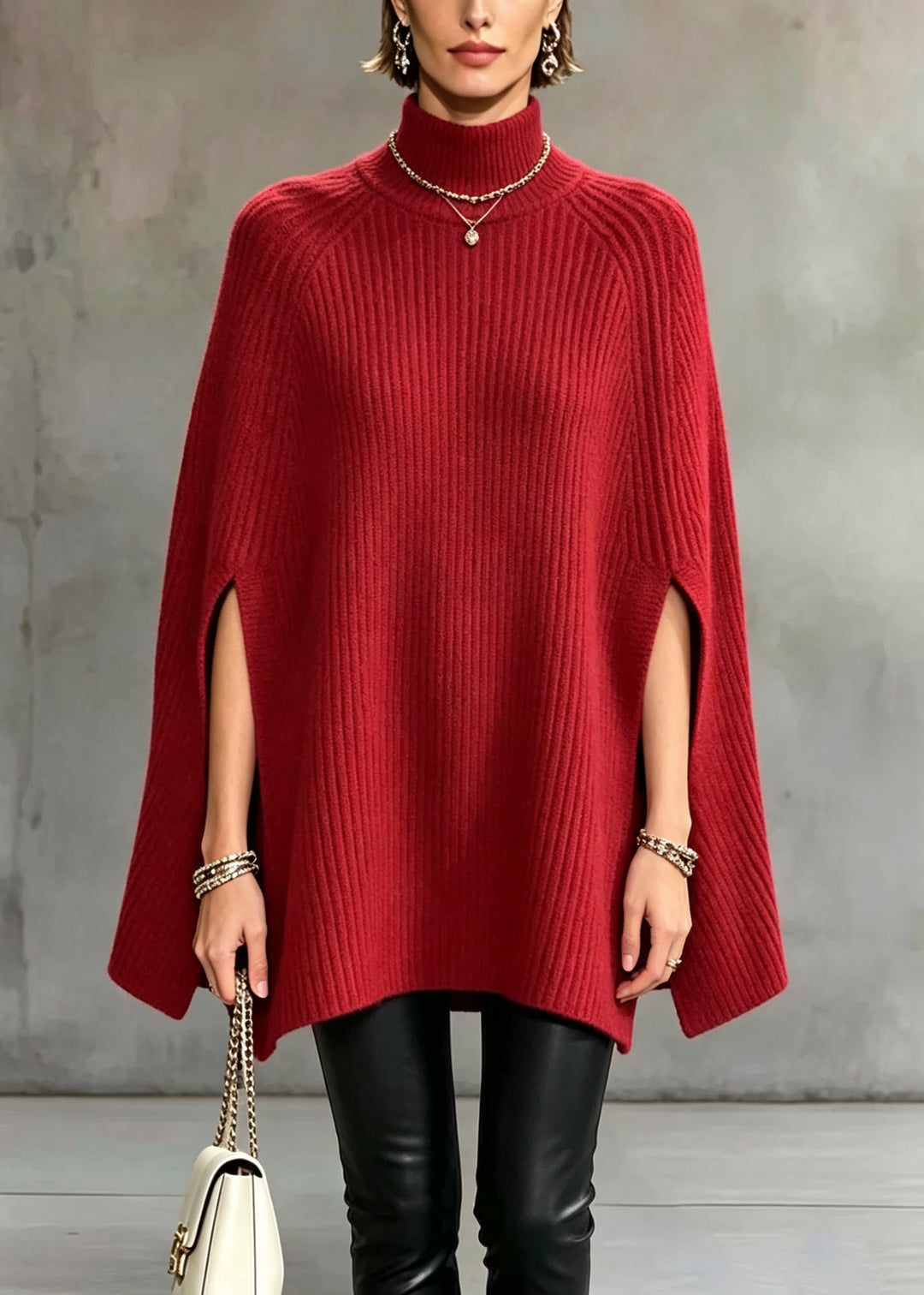 Elegant Red Half Hign Neck Thick Knit Sweater Cape Fall