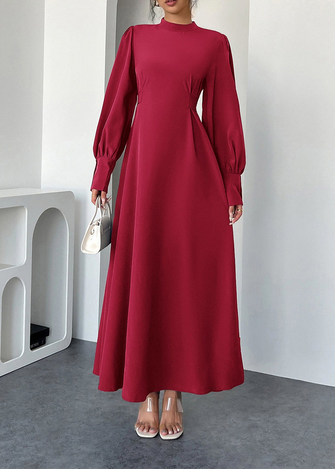 Elegant Red Hign Neck Cotton Maxi Dresses Lantern Sleeve