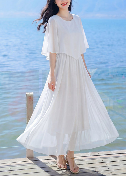 Elegant Red O Neck Patchwork Chiffon Robe Dresses Summer