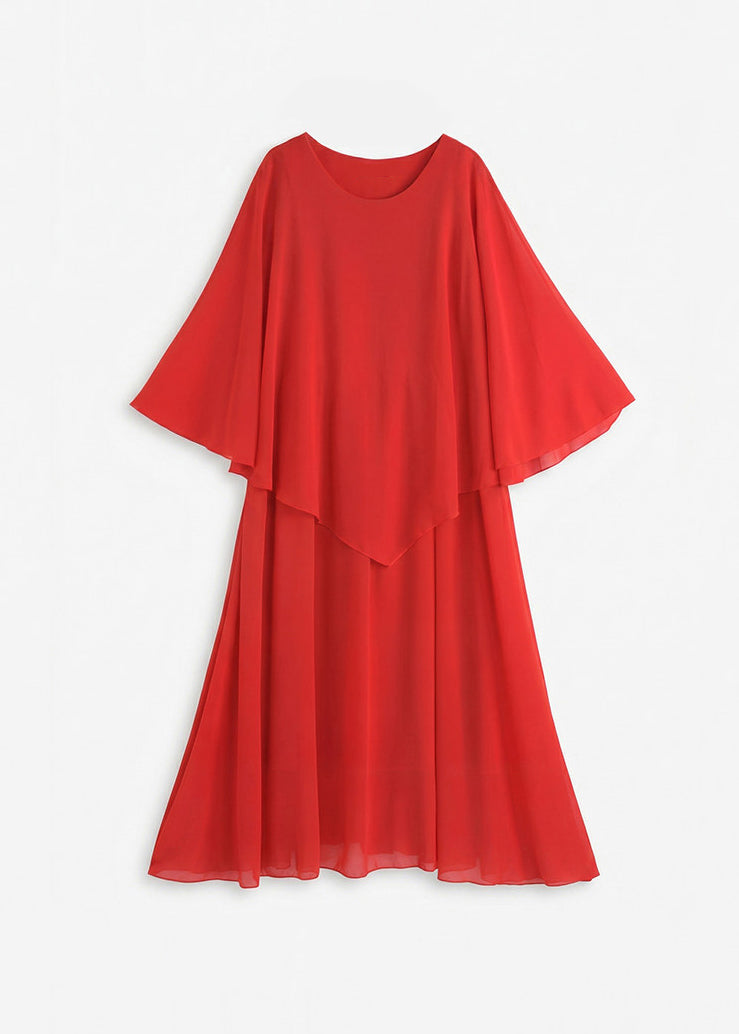 Elegant Red O Neck Patchwork Chiffon Robe Dresses Summer