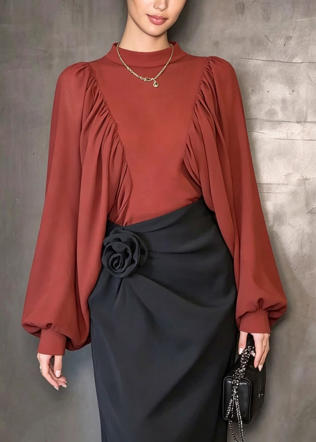 Elegant Red O Neck Patchwork Chiffon Shirt Top Lantern Sleeve