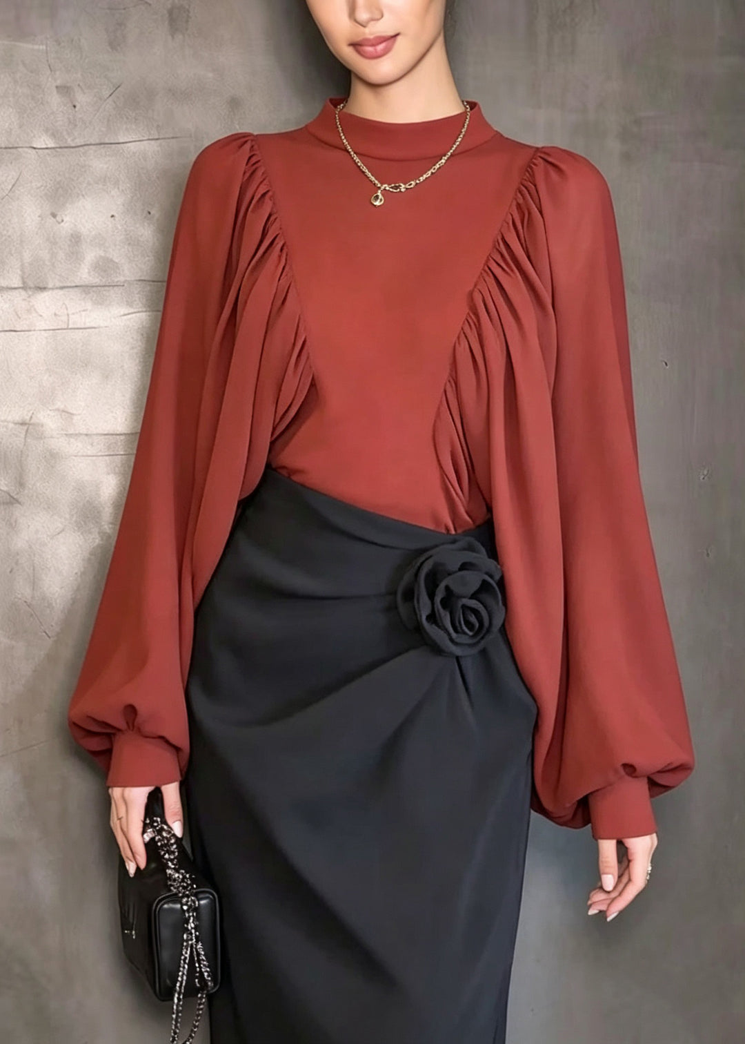 Elegant Red O Neck Patchwork Chiffon Shirt Top Lantern Sleeve