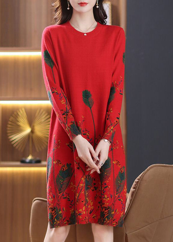 Elegant Red O Neck Print Knit Sweater Dress Fall