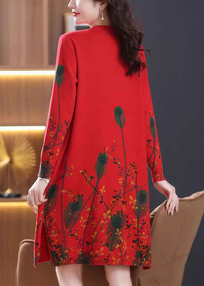 Elegant Red O Neck Print Knit Sweater Dress Fall