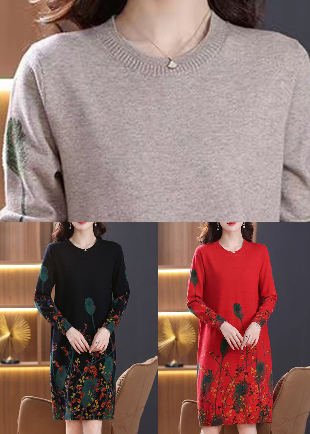 Elegant Red O Neck Print Knit Sweater Dress Fall