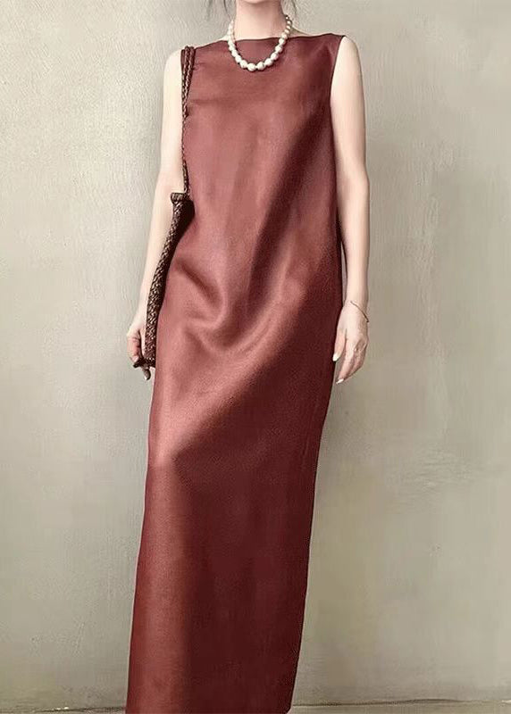 Elegant Red Pockets Back Side Open Silk Long Dress Sleeveless