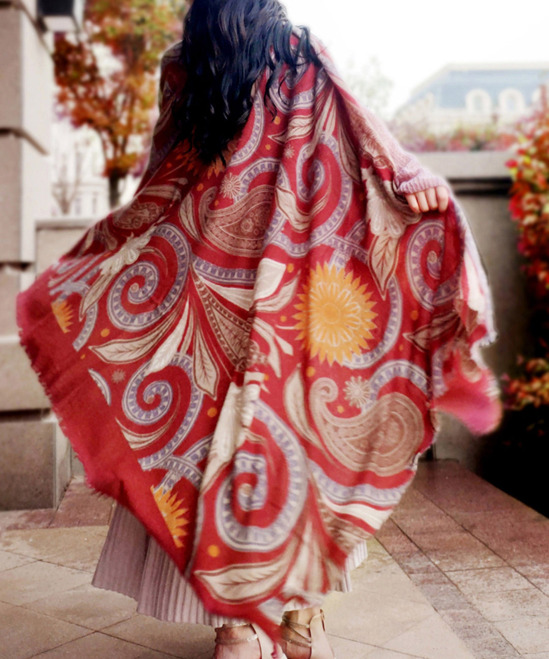 Elegant Red Print Wool Warm Scarf Shawl