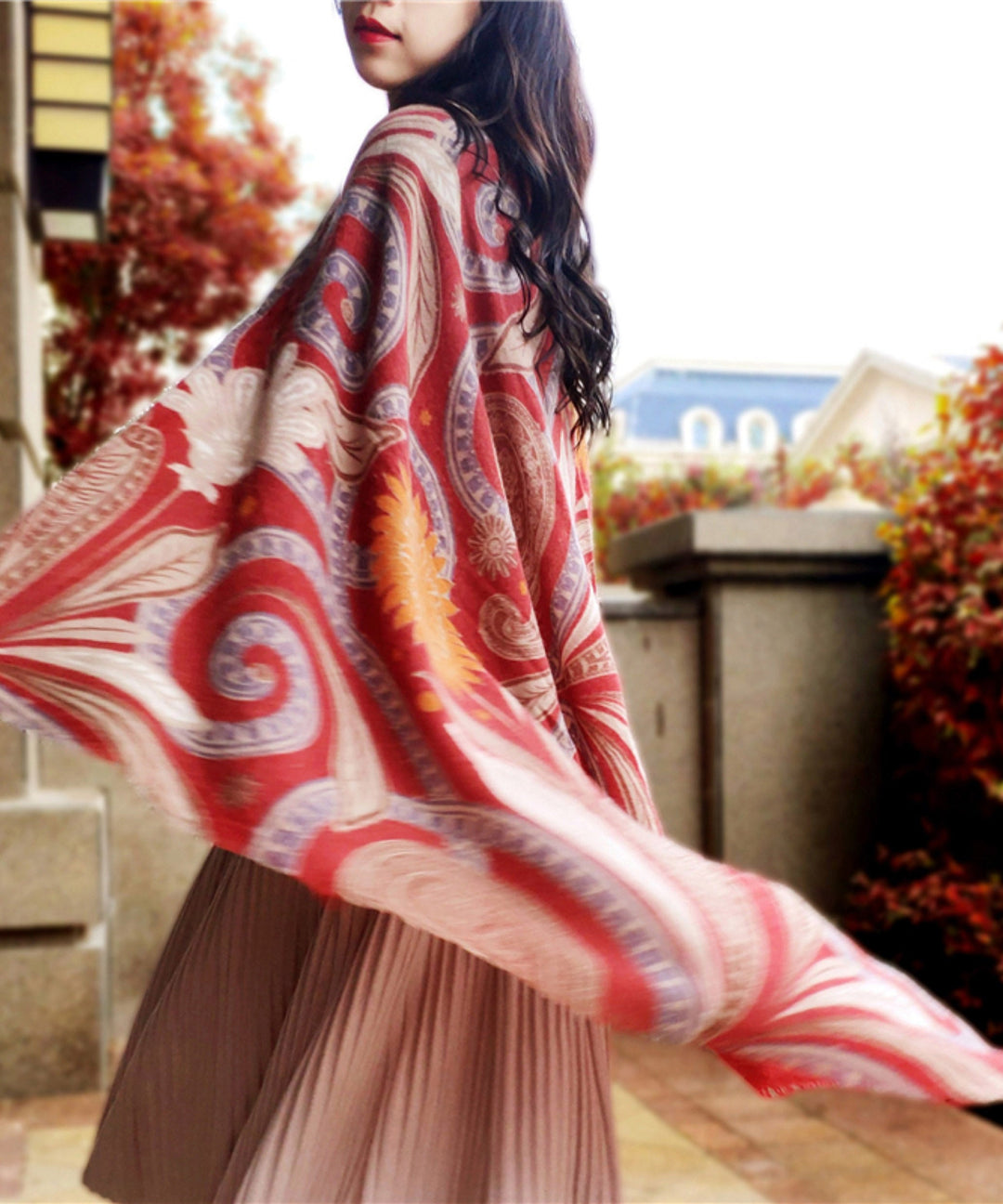 Elegant Red Print Wool Warm Scarf Shawl