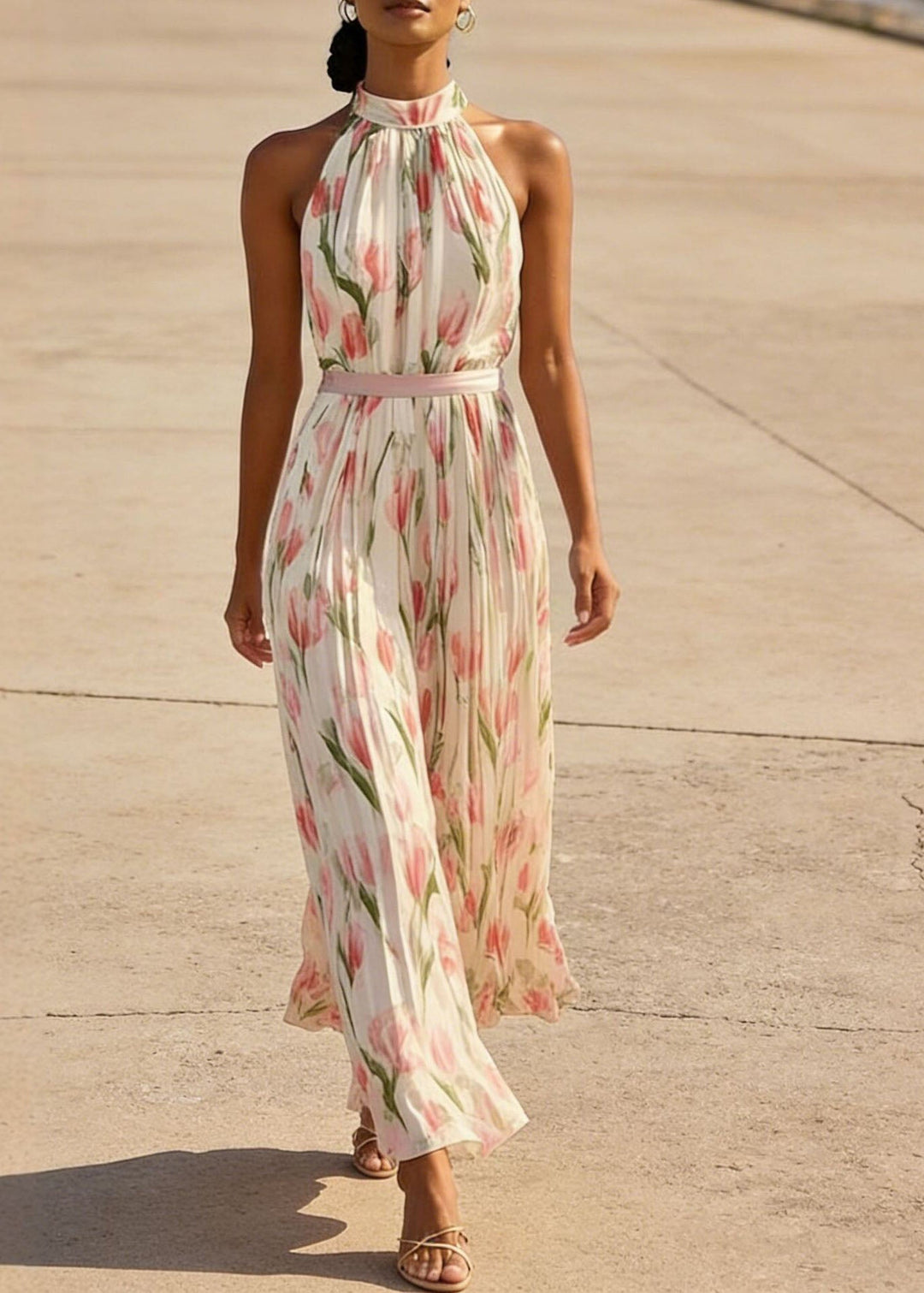 Elegant Red Print Wrinkled Chiffon Dresses Sleeveless