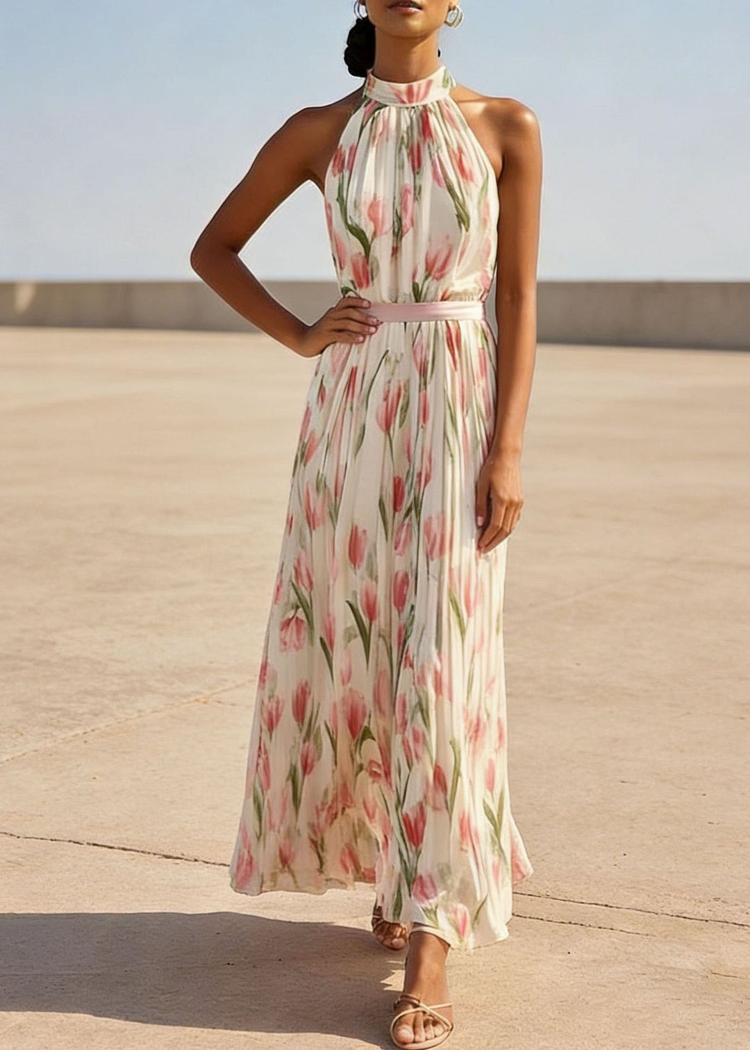 Elegant Red Print Wrinkled Chiffon Dresses Sleeveless