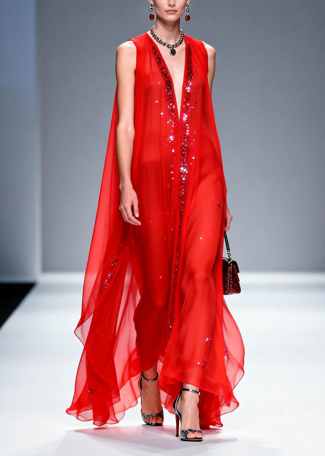 Elegant Red Rhinestone Exra Large Hem Chiffon Party Dresses Sleeveless