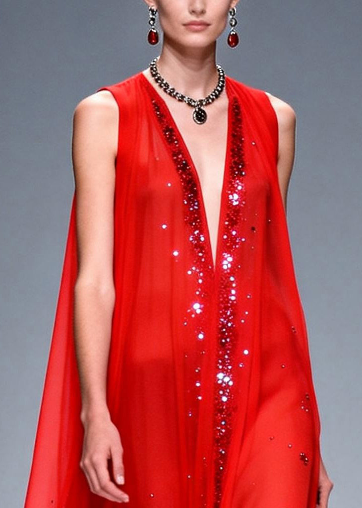 Elegant Red Rhinestone Exra Large Hem Chiffon Party Dresses Sleeveless