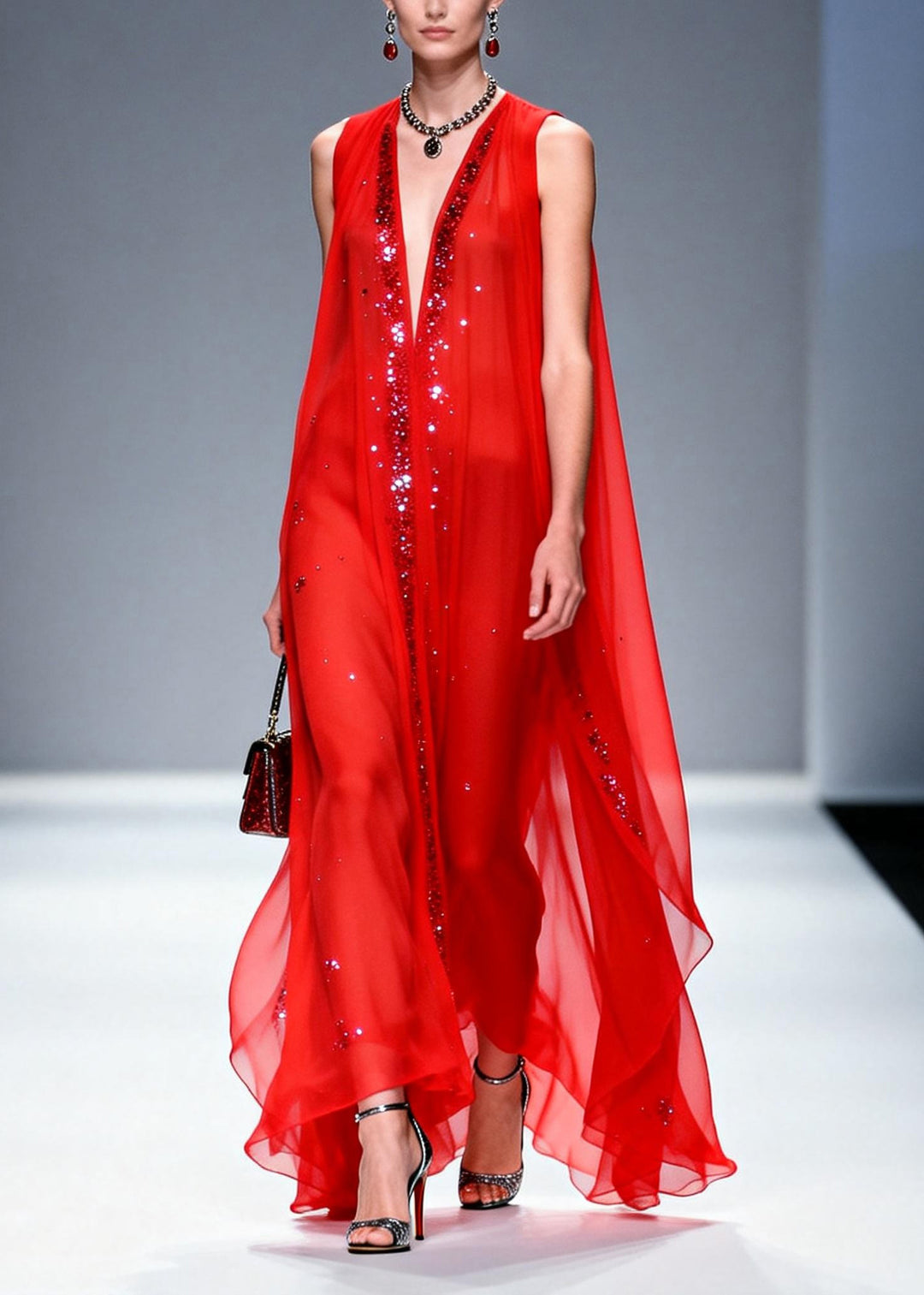 Elegant Red Rhinestone Exra Large Hem Chiffon Party Dresses Sleeveless