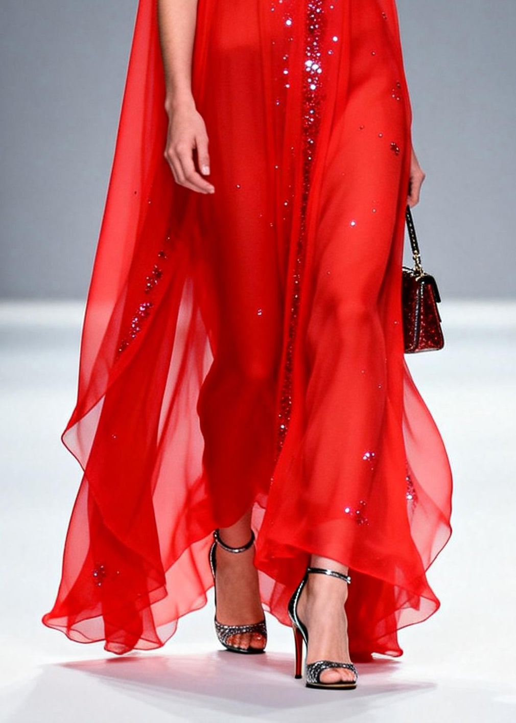 Elegant Red Rhinestone Exra Large Hem Chiffon Party Dresses Sleeveless