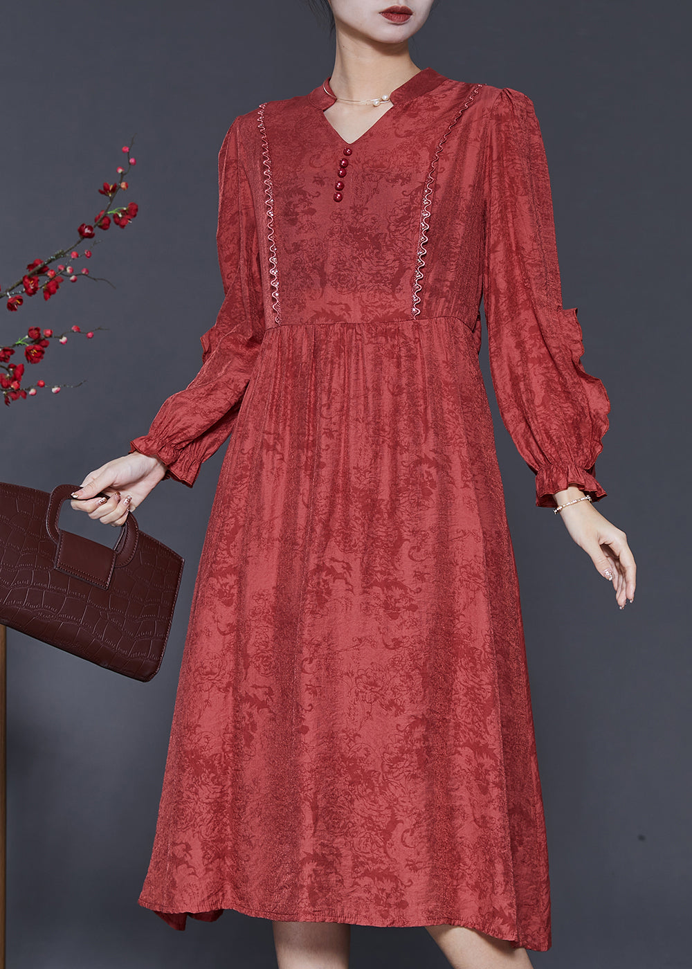 Elegant Red Ruffled Jacquard Cotton Robe Dresses Spring