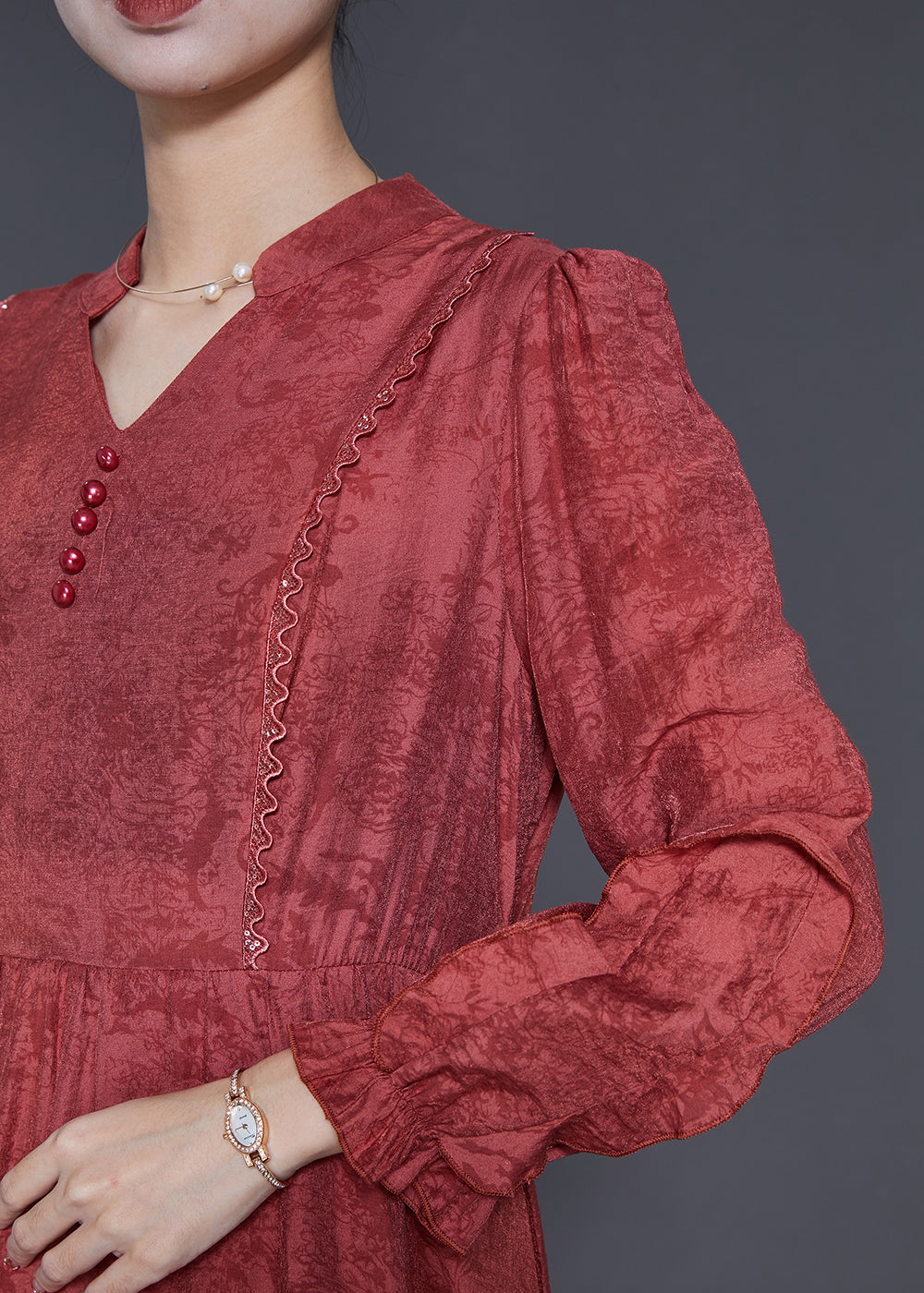 Elegant Red Ruffled Jacquard Cotton Robe Dresses Spring