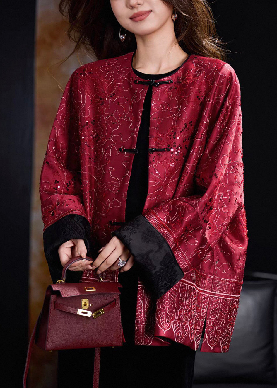 Elegant Red Sequins Patchwork Pockets Coats Winter