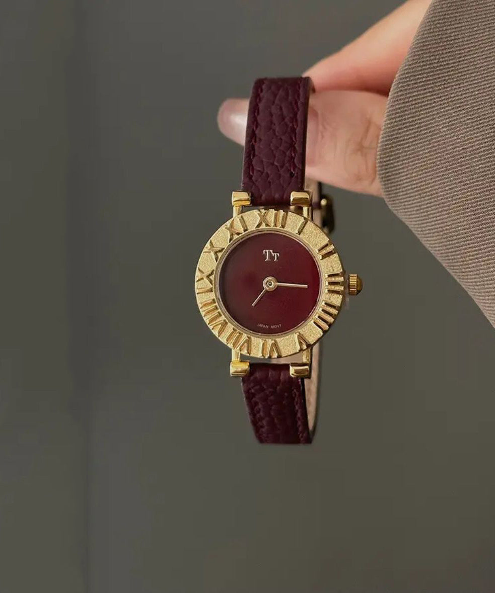Elegant Red Stainless Steel Leather Hardlex Crystal Watches