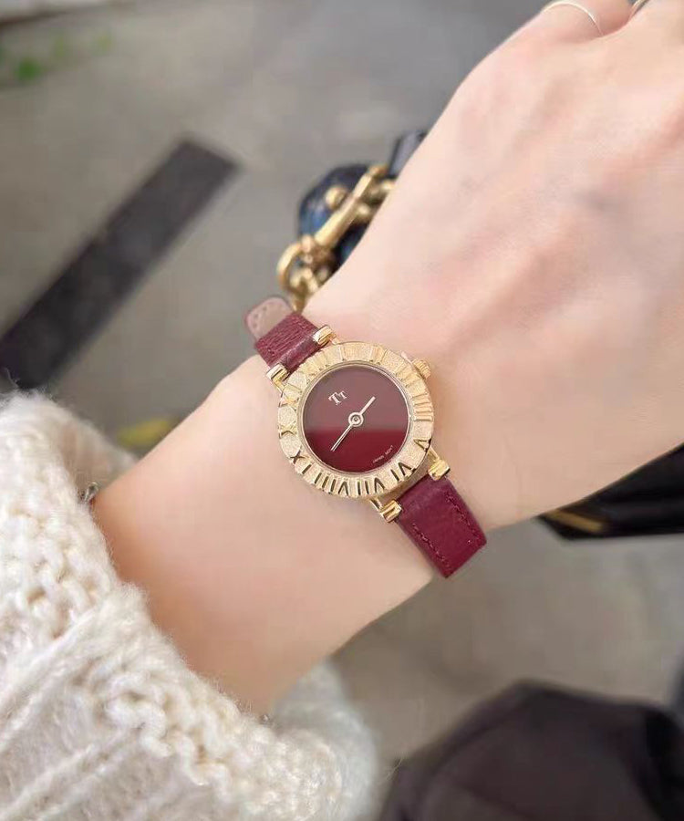 Elegant Red Stainless Steel Leather Hardlex Crystal Watches