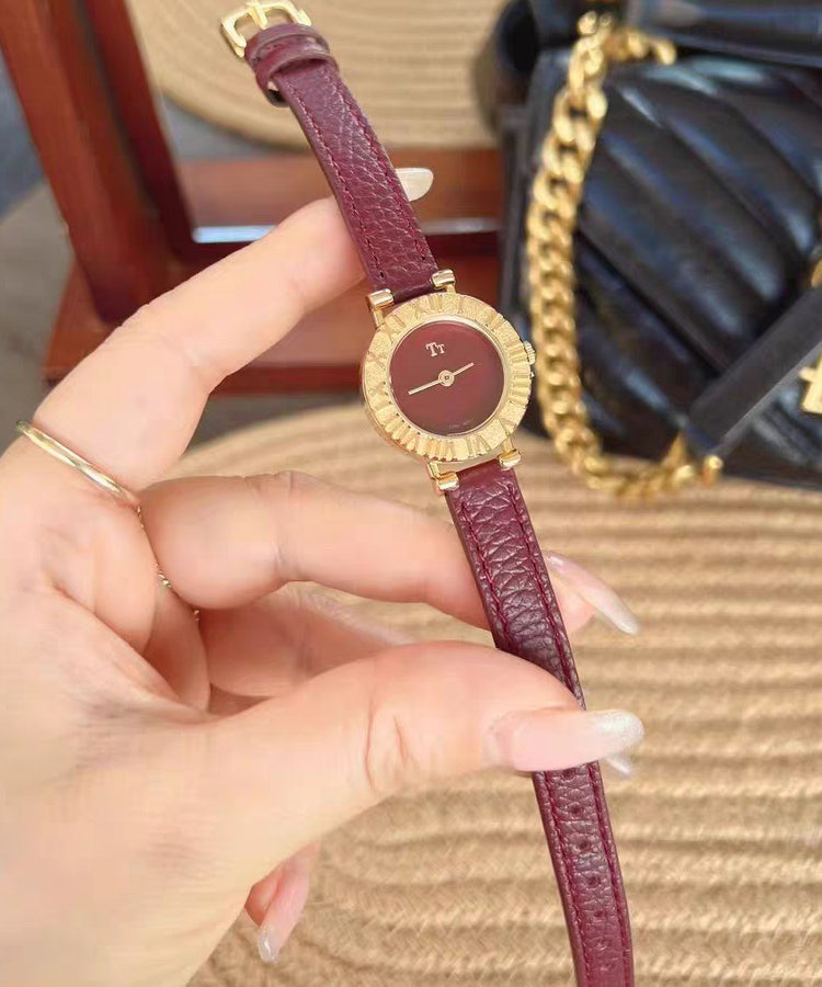 Elegant Red Stainless Steel Leather Hardlex Crystal Watches