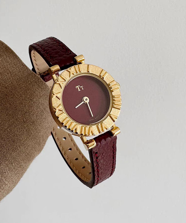 Elegant Red Stainless Steel Leather Hardlex Crystal Watches