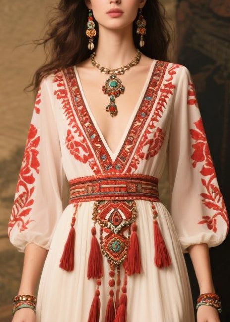 Elegant Red Tasseled Print Chiffon Dress Lantern Sleeve