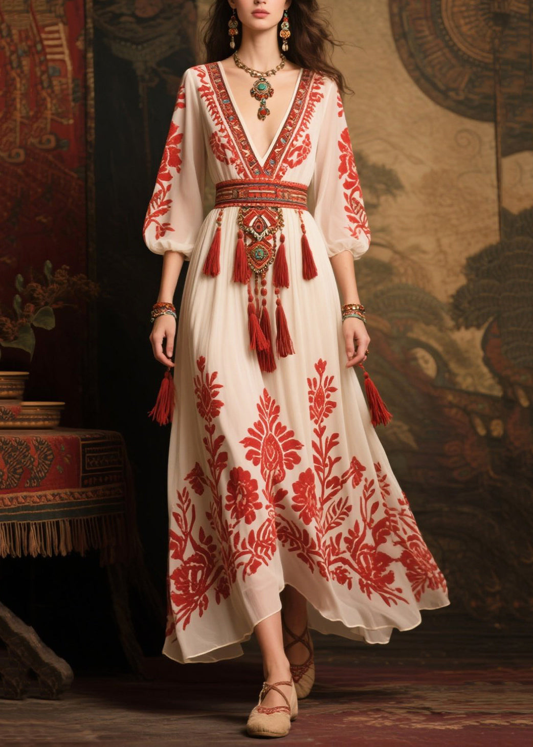 Elegant Red Tasseled Print Chiffon Dress Lantern Sleeve