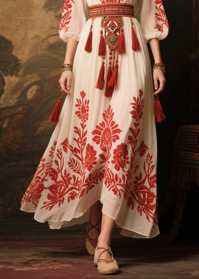 Elegant Red Tasseled Print Chiffon Dress Lantern Sleeve