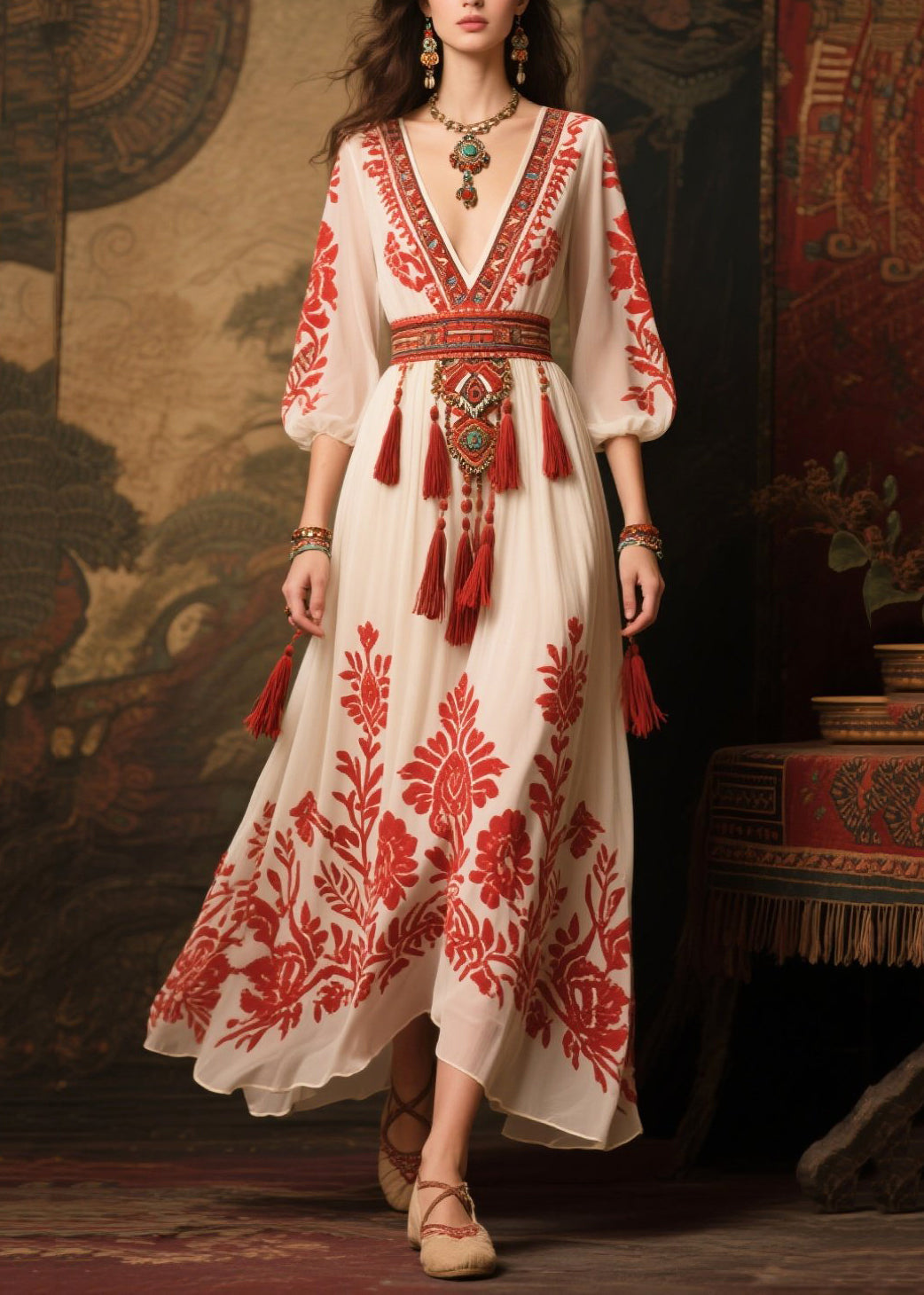 Elegant Red Tasseled Print Chiffon Dress Lantern Sleeve