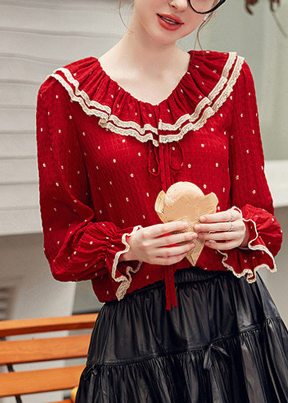 Elegant Red V Neck Dot Patchwork Tie Lace Shirt Fall