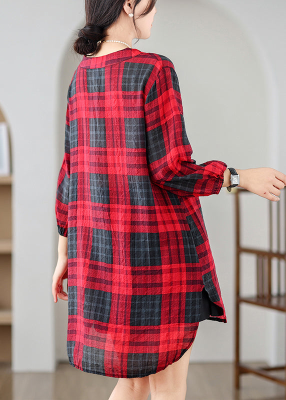 Elegant Red V Neck Plaid Linen Mid Dresses Summer