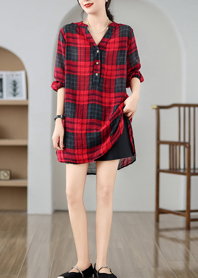Elegant Red V Neck Plaid Linen Mid Dresses Summer