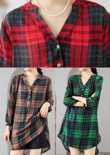 Elegant Red V Neck Plaid Linen Mid Dresses Summer