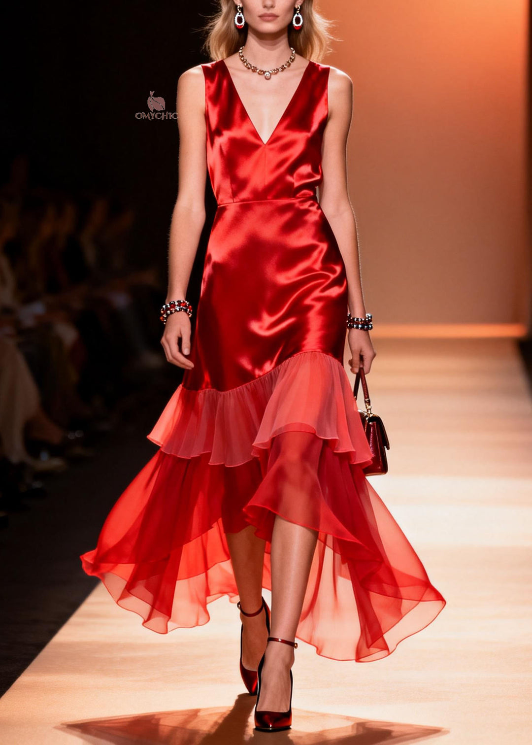 Elegant Red V Neck Ruffled Patchwork Silk Dresses Summer