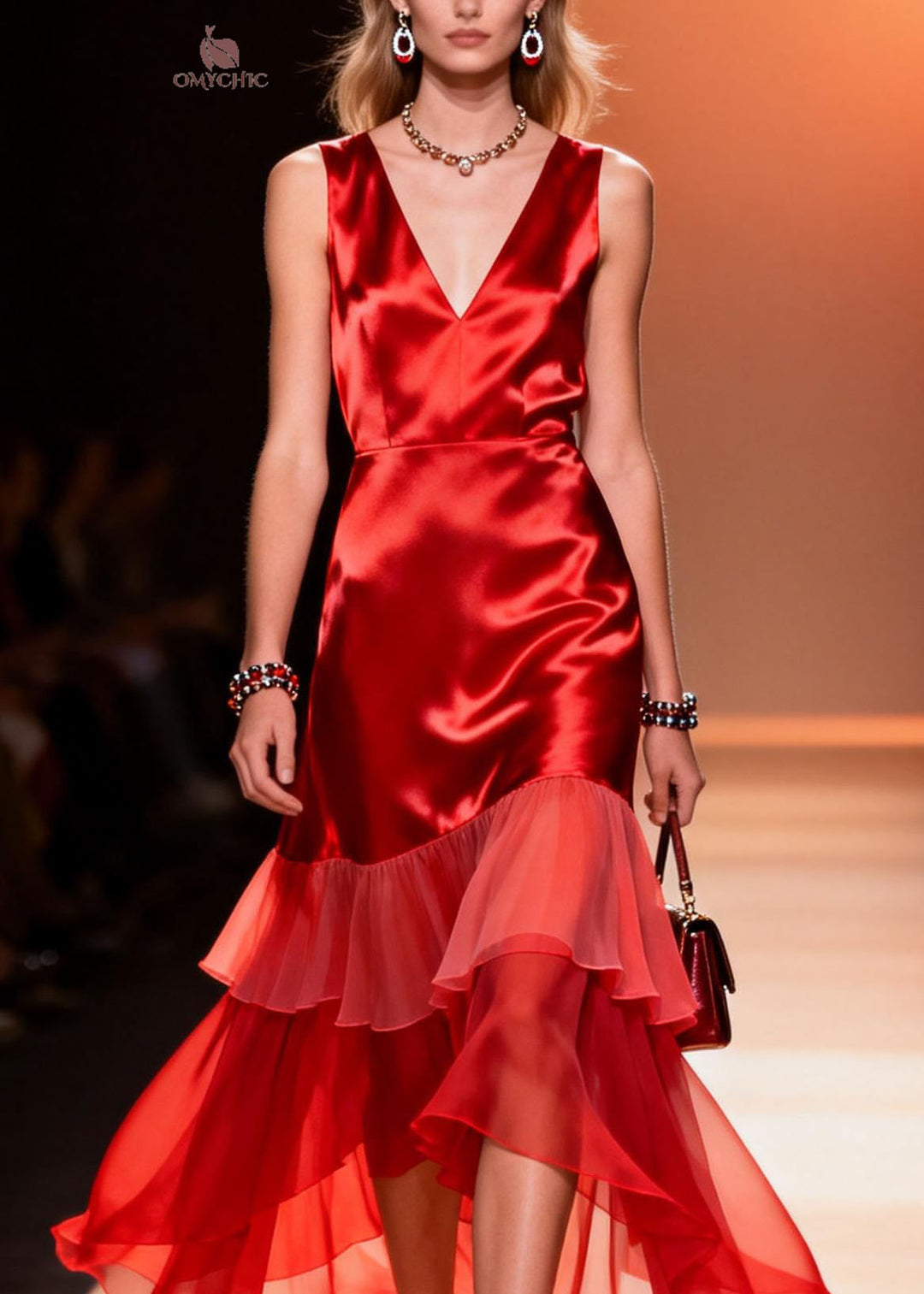 Elegant Red V Neck Ruffled Patchwork Silk Dresses Summer