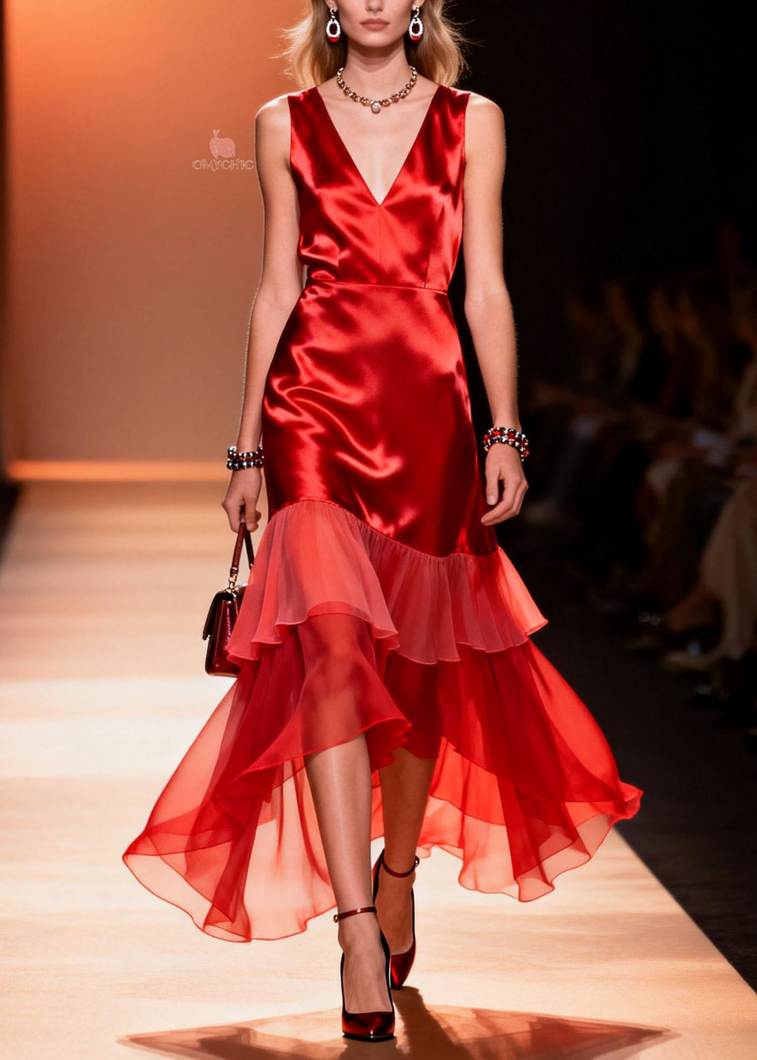 Elegant Red V Neck Ruffled Patchwork Silk Dresses Summer
