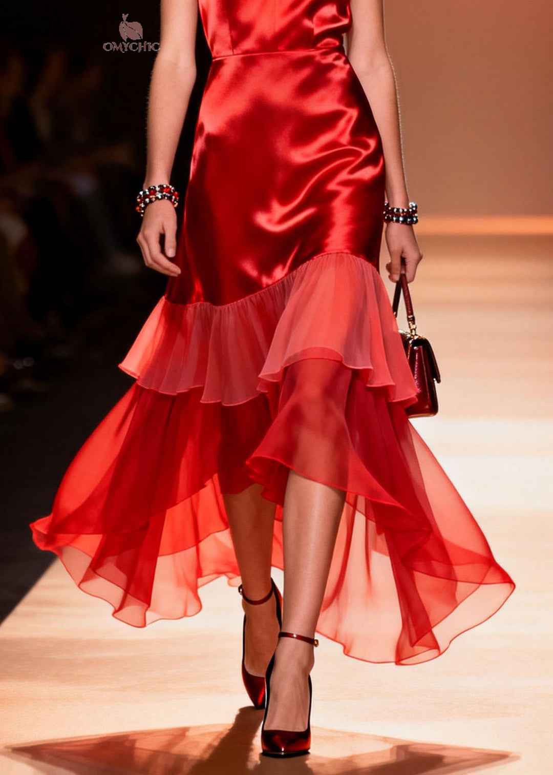 Elegant Red V Neck Ruffled Patchwork Silk Dresses Summer