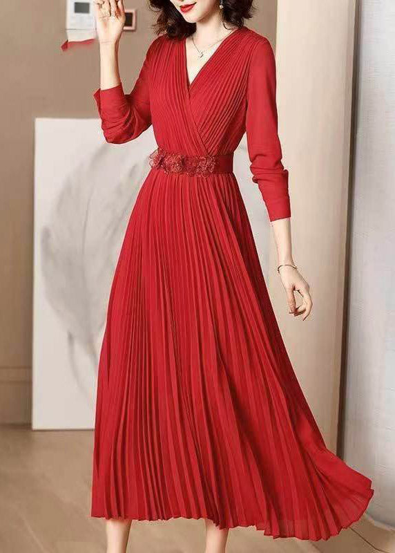 Elegant Red V Neck Wrinkled Tunic Chiffon Maxi Dress Fall