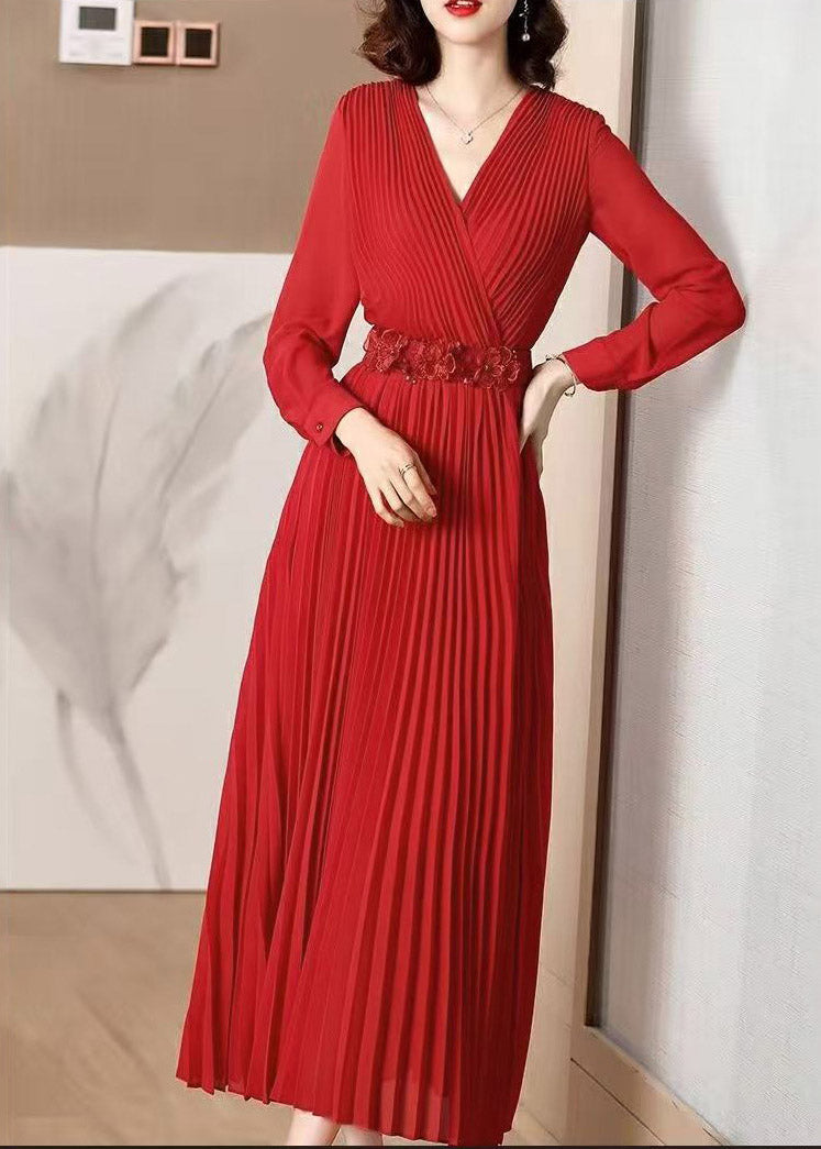 Elegant Red V Neck Wrinkled Tunic Chiffon Maxi Dress Fall