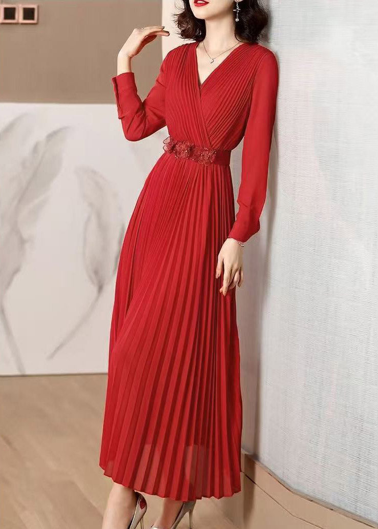 Elegant Red V Neck Wrinkled Tunic Chiffon Maxi Dress Fall
