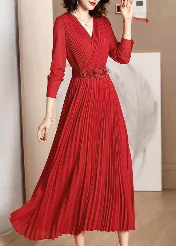 Elegant Red V Neck Wrinkled Tunic Chiffon Maxi Dress Fall