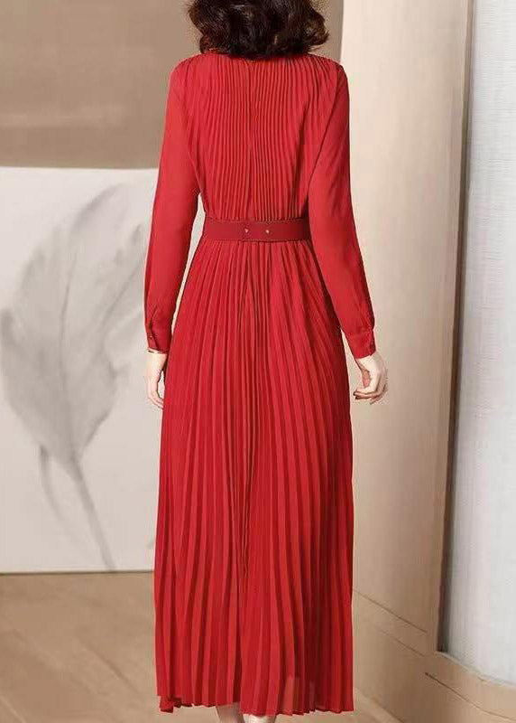 Elegant Red V Neck Wrinkled Tunic Chiffon Maxi Dress Fall